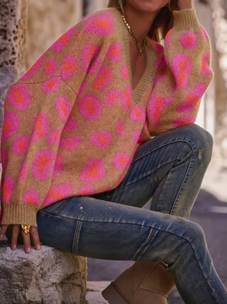 Fuchsia Leopard V-Neck Sweater detail