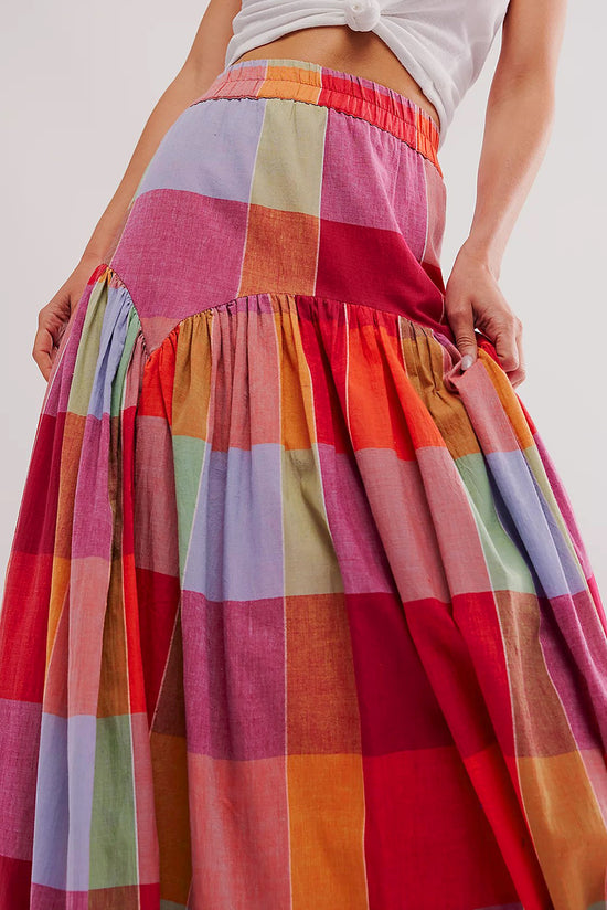 Multicolour Plaid Print Ruched High Waist Casual Maxi Skirt Born To Glam