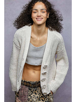 Powder Cream Long Sleeve Exaggerated Button Sweater Cardigan Top by Born To Glam