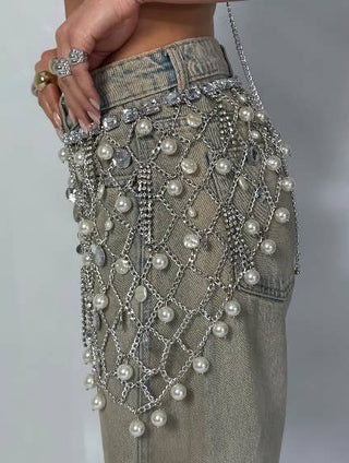 Pearl Chain Belt Mesh Skirt - Picture Color