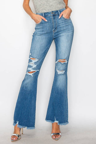 High Rise Distressed Stretch Flare Jeans - Born To Glam