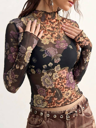 Vintage Floral Print Mesh Long Sleeve Slim Fit Top on model