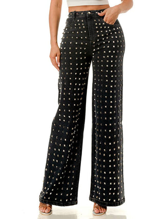 Black Studded Wide Leg Denim Pants – front view