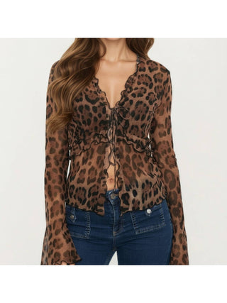Coffee Leopard Sheer Tie-Front Top alternate