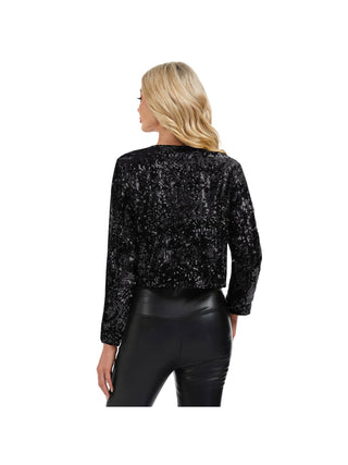Black Sequin Cropped Open-Front Jacket styled