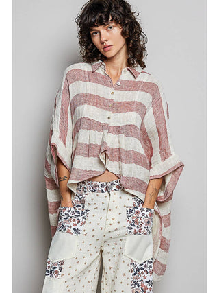 Red Lightweight Stripe Button-Front Woven Blouse duplicate