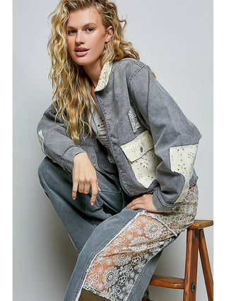 Vintage Wash Zip-Up Embroidered Patch Denim Jacket duplicate