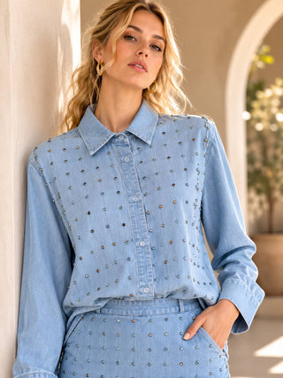 Light Wash Crystal Studded Denim Shirt
