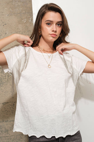 Slub Jersey Rhinestone Fringe T Shirt Top - Born To Glam