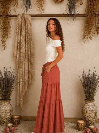 Ivory Asymmetric Shirring Off-Shoulder Top