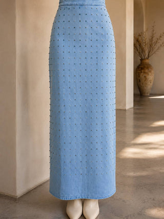 Light Wash Studded Denim Midi Skirt