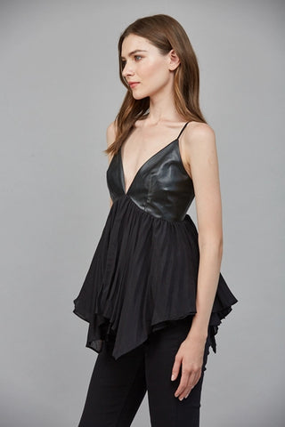 Black Faux Leather Pleated Chiffon Top