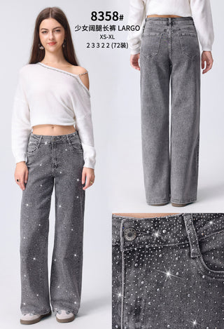 Charcoal Rhinestone Wide Leg Jeans