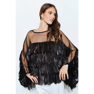 Black Shimmer Organza Scallop Ruffle Layered Blouse - Born To Glam