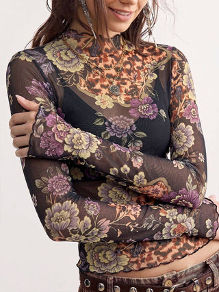 Vintage Floral Print Mesh Long Sleeve Slim Fit Top on model