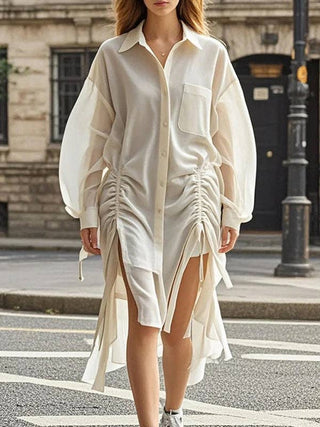 Light Apricot Ruched Drawstring Shirt Dress