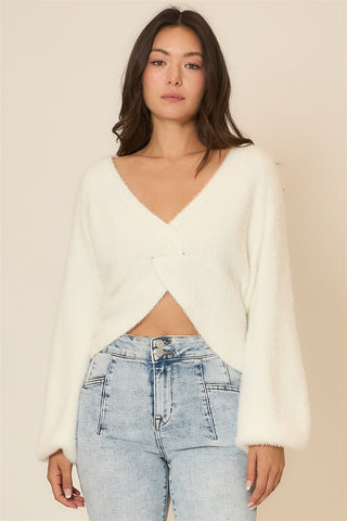 Off White Soft Twist Front/back Knit Sweater by Born To Glam