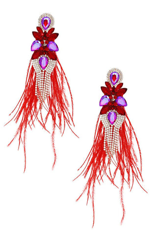 Tassel Red Feather Glass Earrings - Born To Glam