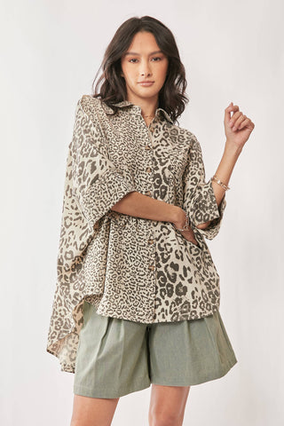 TAUPE LEOPARD ANIMAL PRINTED RIBBON RUFFLE SLEEVE SHIRT TOP - Born To Glam