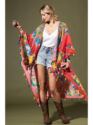Picola Santa Cruz floral mandala tassel one sized kimono on a white background