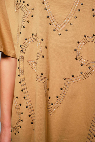 Washed Camel Studded Western T-Shirt Dress - Born To Glam