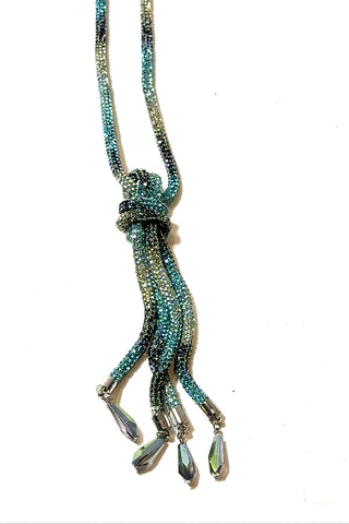 Blue Rhinestone Knot Tassel Necklace With Crystals