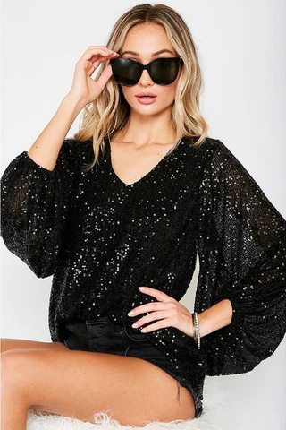 Black V-Neck Balloon Sleeves Sequin Blouse Top - Born To Glam