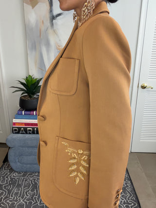 Camel Embellished Pocket Fitted Blazer - Born To Glam