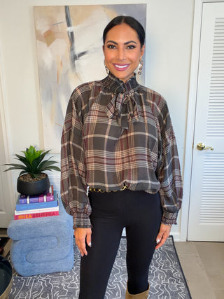 Black Plaid Ruffle Neck Bow Tie Balloon Sleeve One Size Blouse