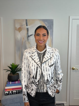 White Baroque Dot Print Moto Jacket - Born To Glam