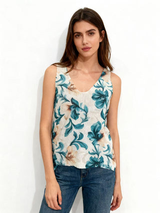 Ivory Blue Floral Print Knit Tank Top