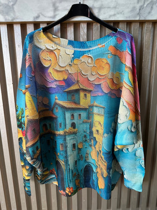 Colorful Village Print Long Sleeve Knit Top