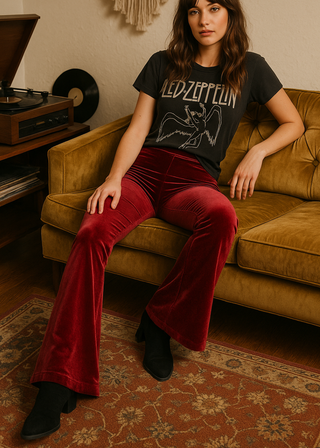 Burgundy Velvet Bell Bottom Flare Pants view 2