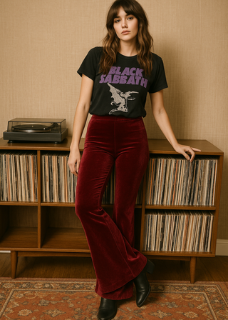 Burgundy Velvet Bell Bottom Flare Pants view 3