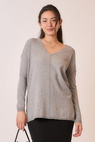 Grey Soft Fine Knit Exposed Seam V-neck Sweater by Born To Glam