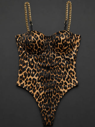 Leopard Print Bodysuit with Gold Chain Straps | Rock & Roll Bustier Top
