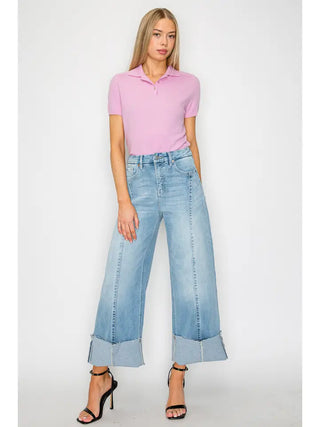 Light Wash Wide Leg Cuffed Jeans