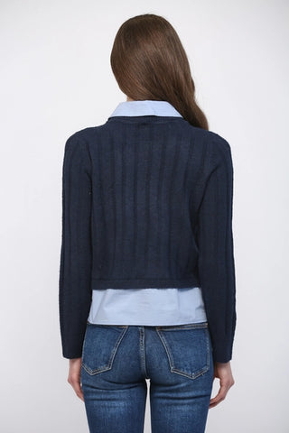 Navy Denim Patch Pocket Detail Twofer Sweater