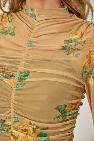 Mustard Floral Mock Neck Ruching Top - Born To Glam