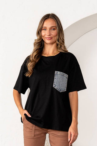 Black Oversized 1/2 Sleeve Top with Front Pocket by Born To Glam