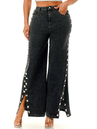 Black Studded Split-Hem Wide-Leg Pants by SALT