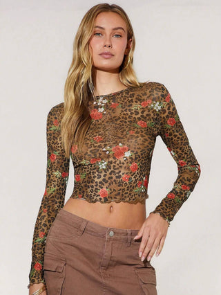 Coffee Leopard Floral Mesh Crop Top - Coffee