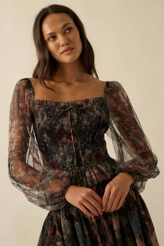 Layered Floral-Print Tulle Smocked Peasant Top - Born To Glam