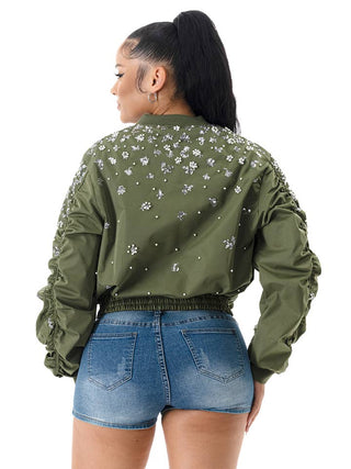 Olive Floral Pearl Long Sleeve Bomber Jacket – supplier photo 4