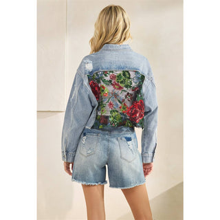 Cropped Denim Jacket with Lace Floral Contrast - Born To Glam