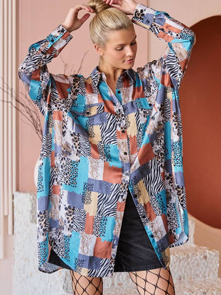 Teal Combo Vintage Patchwork Print Long Shirt