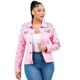 Radiant Pearls Rhinestone Pink Denim Jacket Pink Green Multicolor