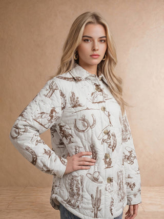 White Taupe Western Printed Quilted Shacket - Faire photo 7