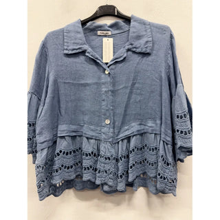 Dusty blue linen button down blouse with a collared neckline, three-quarter bell sleeves, and scalloped crochet trim at the sleeves and hem.