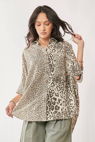TAUPE LEOPARD ANIMAL PRINTED RIBBON RUFFLE SLEEVE SHIRT TOP - Born To Glam